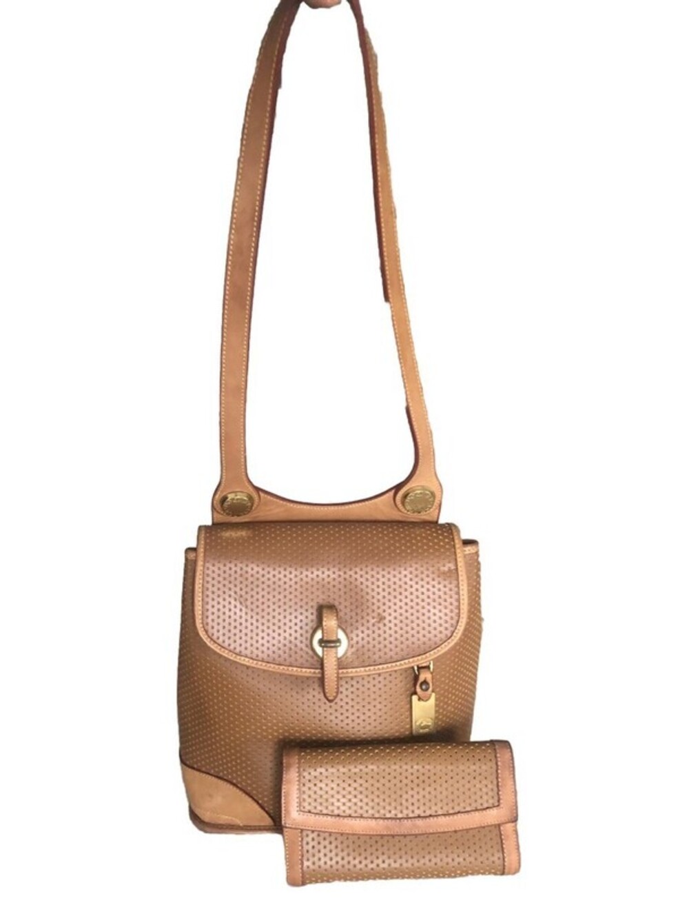 VTG Dooney & Bourke Women's Brown Charm Push Lock Shoulder Bag W/ Trifold Wallet